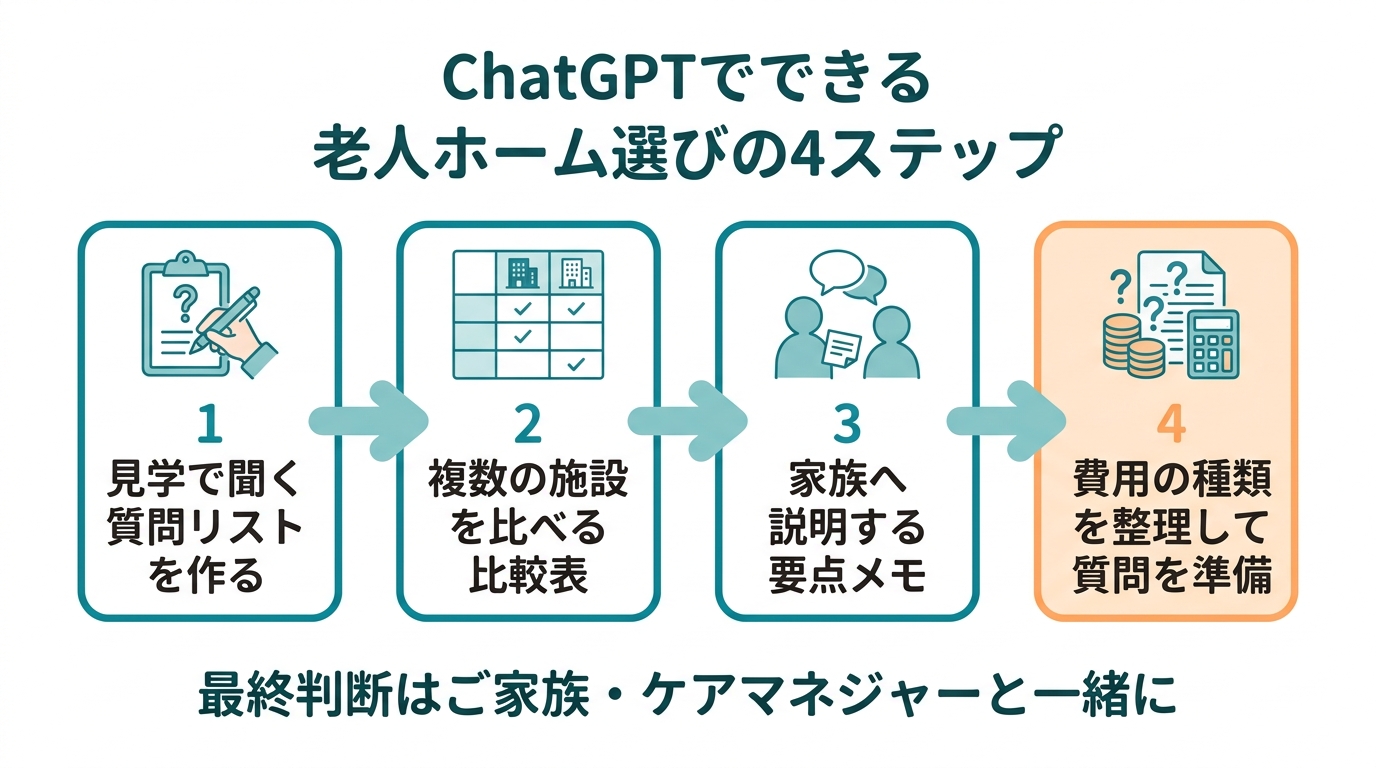 老人ホーム選びにChatGPTを活用するフロー(見学前準備→比較表作成→家族相談メモ→専門家確認の4ステップ)