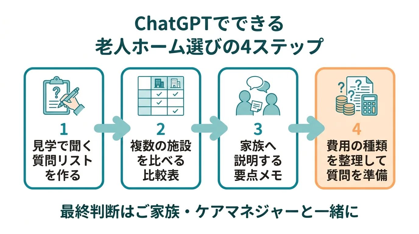 老人ホーム選びにChatGPTを活用するフロー（見学前準備→比較表作成→家族相談メモ→専門家確認の4ステップ）