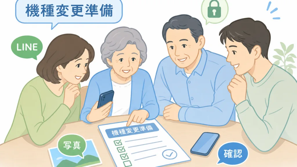 スマホ機種変更の準備を家族と確認するシニア向けチェックリストのイラスト