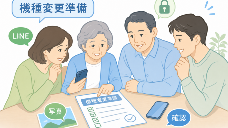 スマホ機種変更の準備を家族と確認するシニア向けチェックリストのイラスト