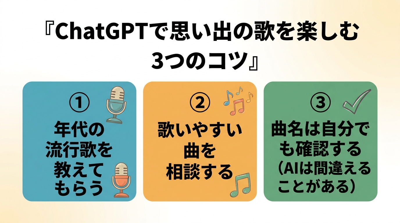 ChatGPTで思い出の歌を楽しむ3つのコツを示す図解。年代の流行歌を教わる、歌いやすい曲を相談する、曲名は自分でも確認する、の3つ。