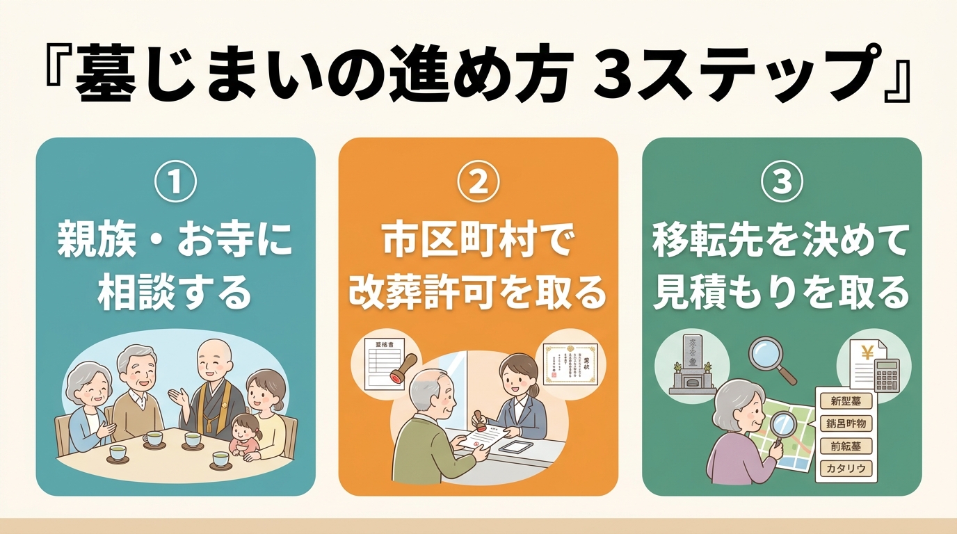 墓じまいの進め方3ステップを示す図解。親族・お寺に相談する、市区町村で改葬許可を取る、移転先を決めて見積もりを取る、の3ステップ。