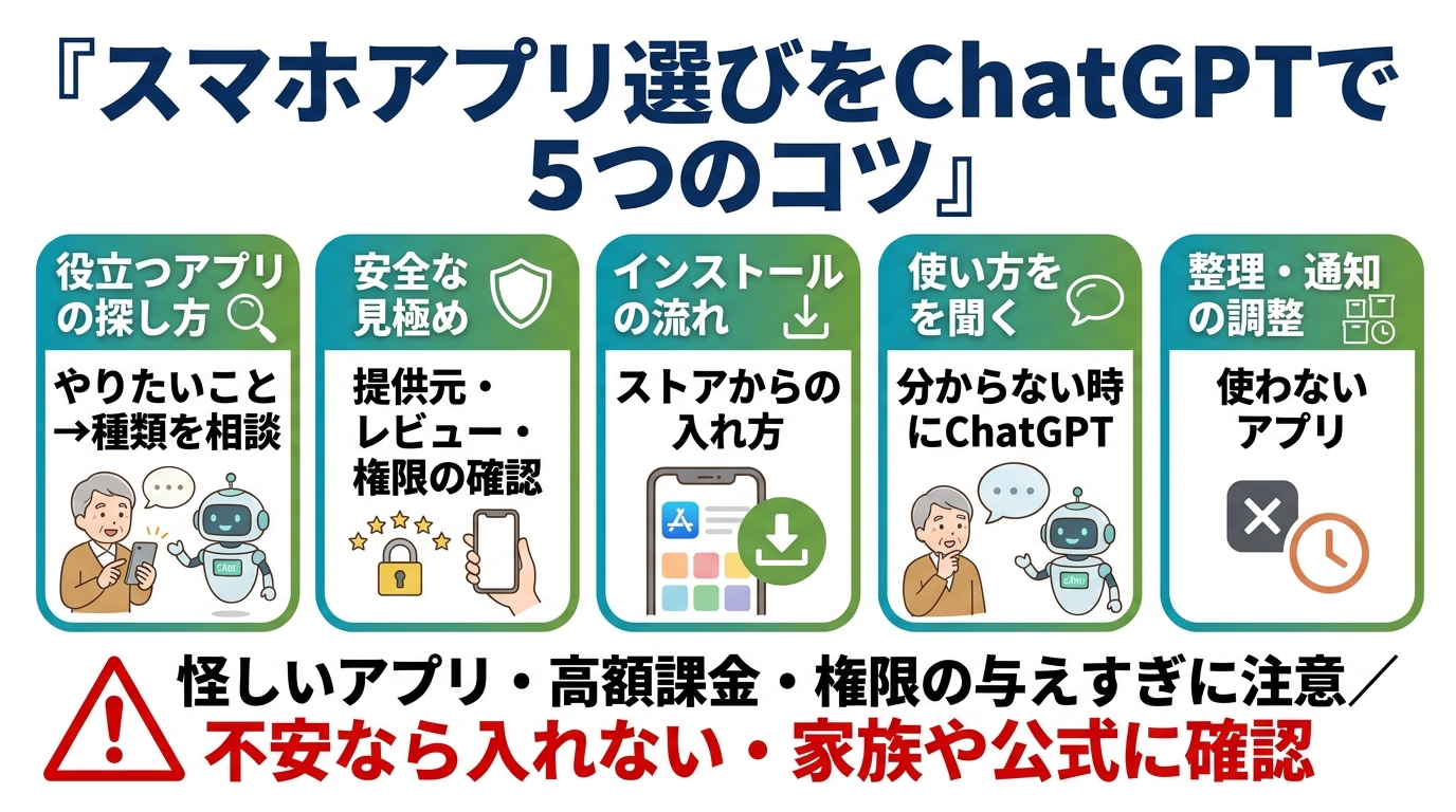 スマホアプリ選びをChatGPTで5つのコツ。①役立つアプリの探し方(やりたいこと→種類を相談)②安全な見極め(提供元・レビュー・権限の確認)③インストールの流れ(ストアからの入れ方)④使い方を聞く(分からない時にChatGPT)⑤整理・通知の調整。怪しいアプリ・高額課金・権限の与えすぎに注意、不安なら入れない・家族や公式に確認。