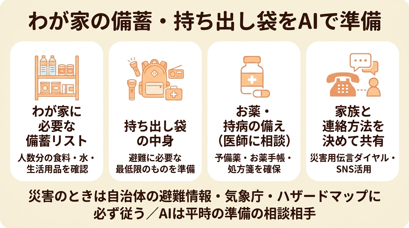 わが家の備蓄・持ち出し袋をAIで準備する4つの相談。①わが家に必要な備蓄リスト ②持ち出し袋の中身 ③お薬・持病の備え（医師に相談）④家族と連絡方法を決めて共有。災害のときは自治体の避難情報・気象庁・ハザードマップに必ず従う、AIは平時の準備の相談相手。