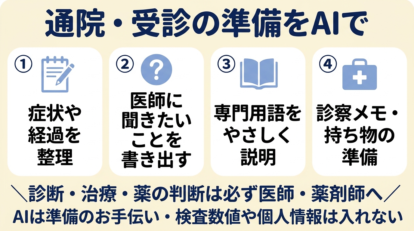 通院・受診の準備をAIで進める4つのお手伝い。①症状や経過を整理 ②医師に聞きたいことを書き出す ③専門用語をやさしく説明 ④診察メモ・持ち物の準備。診断・治療・薬の判断は必ず医師・薬剤師へ、AIは準備のお手伝い、検査数値や個人情報は入れない。