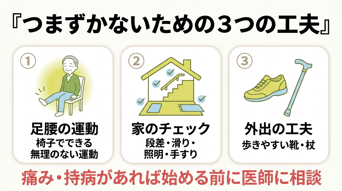 つまずかないための3つの工夫。①足腰の運動(椅子でできる無理のない運動)②家のチェック(段差・滑り・照明・手すり)③外出の工夫(歩きやすい靴・杖)。痛み・持病があれば始める前に医師に相談を。
