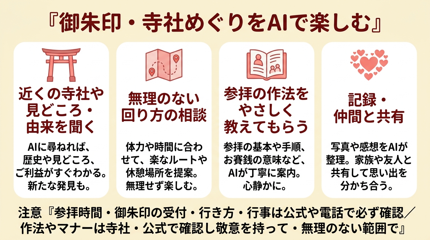 御朱印・寺社めぐりをAIで楽しむ4つのお手伝い。①近くの寺社や見どころ・由来を聞く ②無理のない回り方の相談 ③参拝の作法をやさしく教えてもらう ④記録・仲間と共有。参拝時間・御朱印の受付・行き方・行事は公式や電話で必ず確認、作法やマナーは寺社・公式で確認し敬意を持って・無理のない範囲で。
