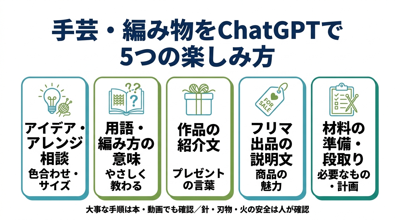 手芸・編み物をChatGPTで楽しむ5つの楽しみ方。①アイデア・アレンジ相談（色合わせ・サイズ）②用語・編み方の意味（やさしく教わる）③作品の紹介文（プレゼントの言葉）④フリマ出品の説明文 ⑤材料の準備・段取り。大事な手順は本・動画でも確認、針・刃物・火の安全は人が確認。