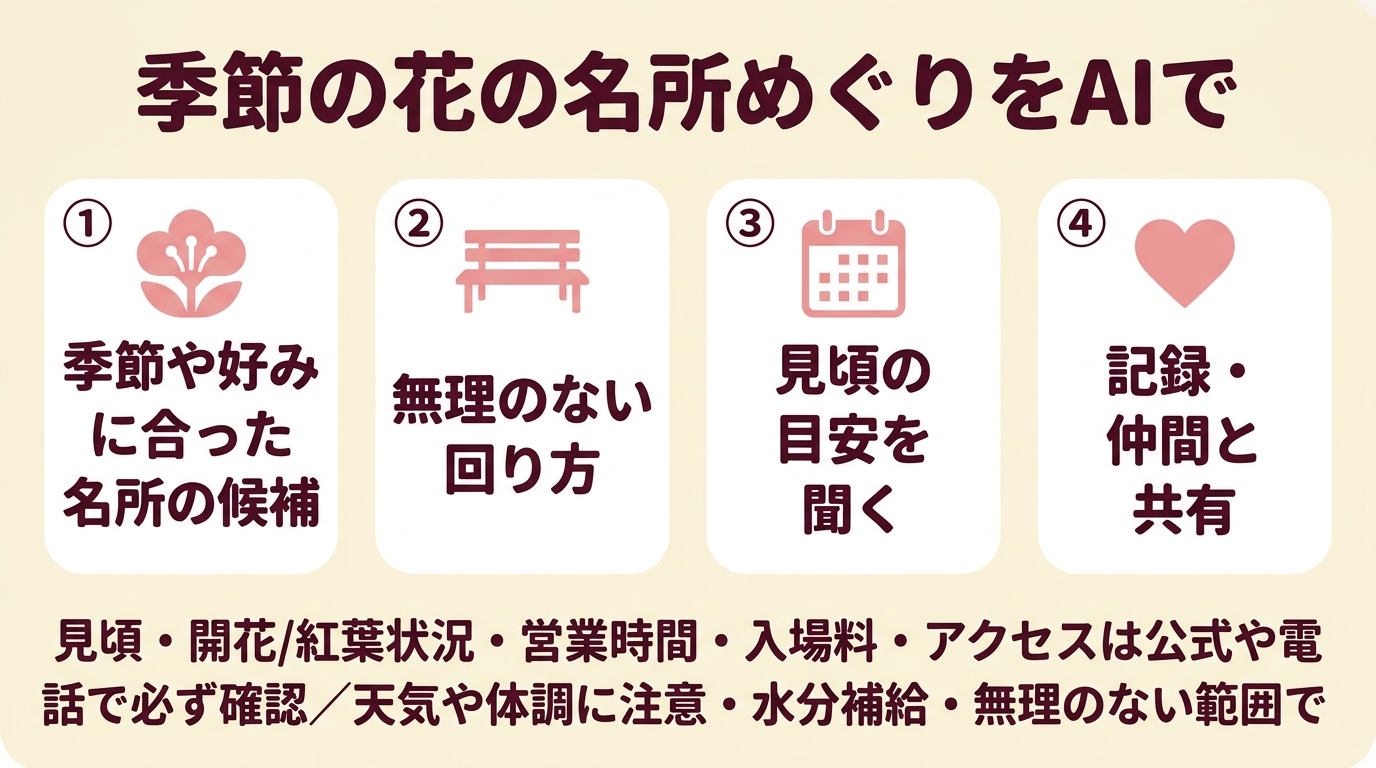 季節の花の名所めぐりをAIで楽しむ4つの相談。①季節や好みに合った名所の候補 ②無理のない回り方 ③見頃の目安を聞く ④記録・仲間と共有。見頃・開花/紅葉状況・営業時間・入場料・アクセスは公式や電話で必ず確認、天気や体調に注意・水分補給・無理のない範囲で。