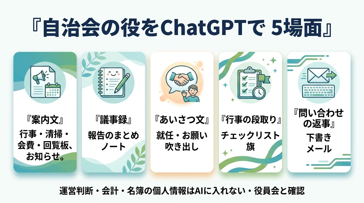 自治会の役をChatGPTで進める5場面。①案内文(行事・清掃・会費・回覧板)②議事録(報告のまとめ)③あいさつ文(就任・お願い)④行事の段取り(チェックリスト)⑤問い合わせの返事。運営判断・会計・名簿の個人情報はAIに入れず役員会と確認。
