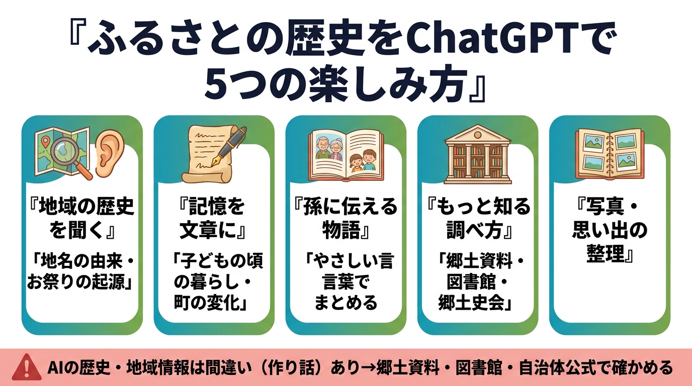 ふるさとの歴史をChatGPTで5つの楽しみ方。①地域の歴史を聞く（地名の由来・お祭りの起源）②記憶を文章に（子どもの頃の暮らし・町の変化）③孫に伝える物語（やさしい言葉でまとめる）④もっと知る調べ方（郷土資料・図書館・郷土史会）⑤写真・思い出の整理。AIの歴史・地域情報は間違い（作り話）あり→郷土資料・図書館・自治体公式で確かめる。