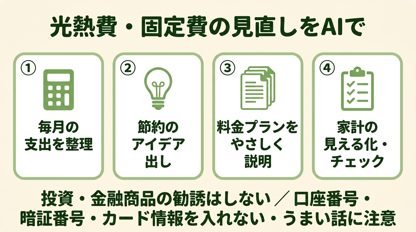 光熱費・固定費の見直しをAIで進める4つの相談。①毎月の支出を整理 ②節約のアイデア出し ③料金プランをやさしく説明 ④家計の見える化・チェック。投資・金融商品の勧誘はしない、口座番号・暗証番号・カード情報を入れない・うまい話に注意。