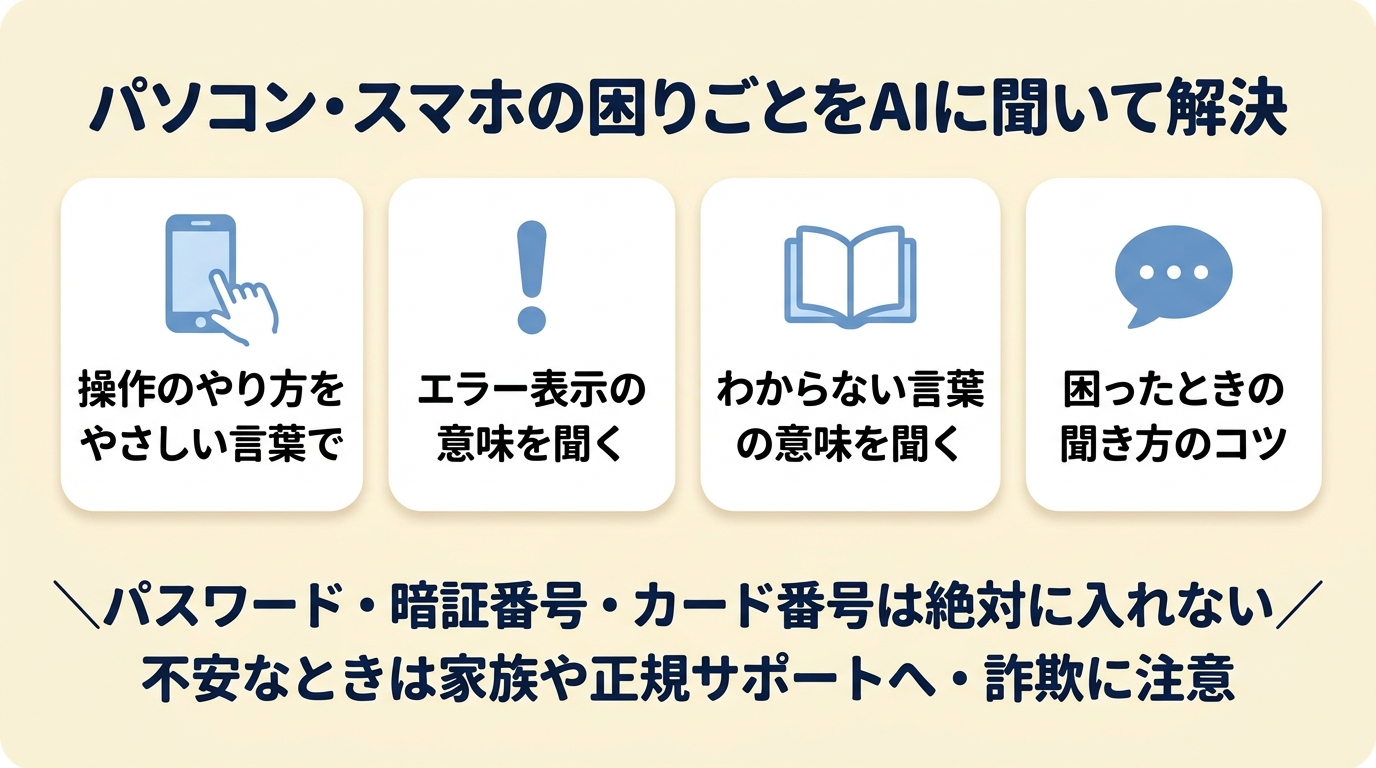 パソコン・スマホの困りごとをAIに聞いて解決する4つのコツ。①操作のやり方をやさしい言葉で ②エラー表示の意味を聞く ③わからない言葉の意味を聞く ④困ったときの聞き方のコツ。パスワード・暗証番号・カード番号は絶対に入れない、不安なときは家族や正規サポートへ。