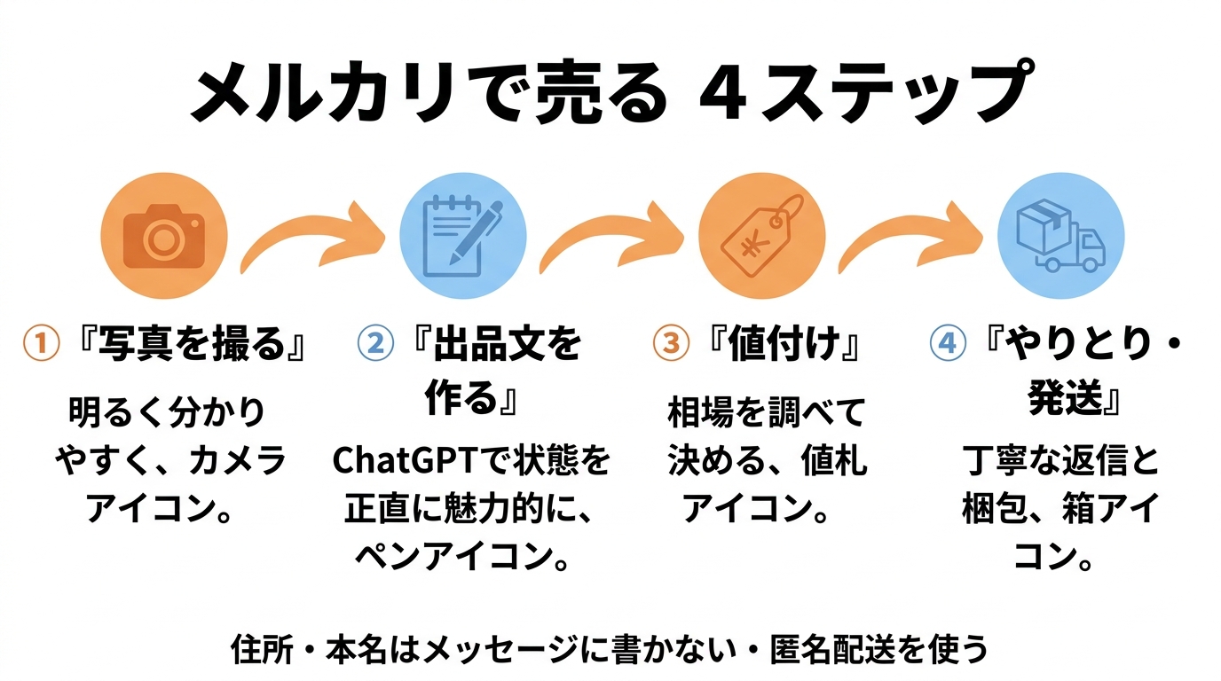 メルカリで売る4ステップ。①写真を撮る(明るく分かりやすく)②出品文を作る(ChatGPTで状態を正直に魅力的に)③値付け(相場を調べて決める)④やりとり・発送(丁寧な返信と梱包)。住所・本名はメッセージに書かず匿名配送を使う。