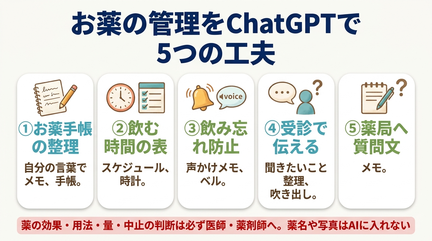お薬の管理をChatGPTで進める5つの工夫。①お薬手帳の整理(自分の言葉でメモ)②飲む時間の表(スケジュール)③飲み忘れ防止(声かけメモ)④受診で伝える(聞きたいこと整理)⑤薬局への質問文。薬の効果・用法・量・中止の判断は必ず医師・薬剤師へ、薬名や写真はAIに入れない。
