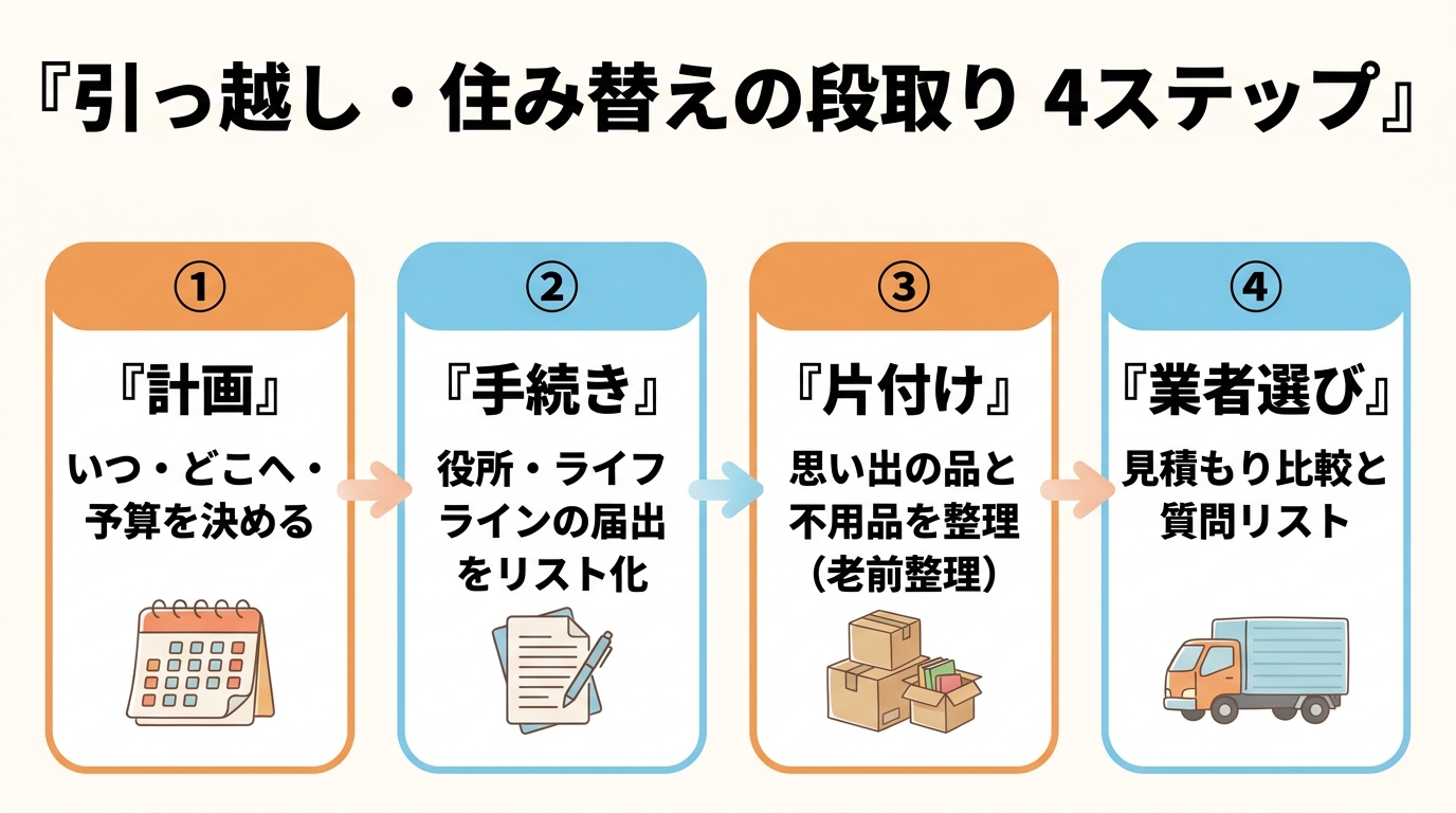 シニアの引っ越し・住み替えの段取り4ステップ(計画→役所/ライフライン手続き→片付け・老前整理→業者選び)。