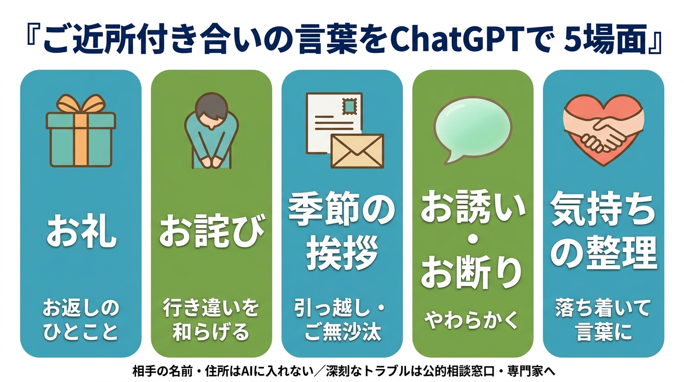 ご近所付き合いの言葉をChatGPTで整える5場面。①お礼（お返しのひとこと）②お詫び（行き違いを和らげる）③季節の挨拶（引っ越し・ご無沙汰）④お誘い・お断り（やわらかく）⑤気持ちの整理（落ち着いて言葉に）。相手の名前・住所はAIに入れない、深刻なトラブルは公的相談窓口・専門家へ。