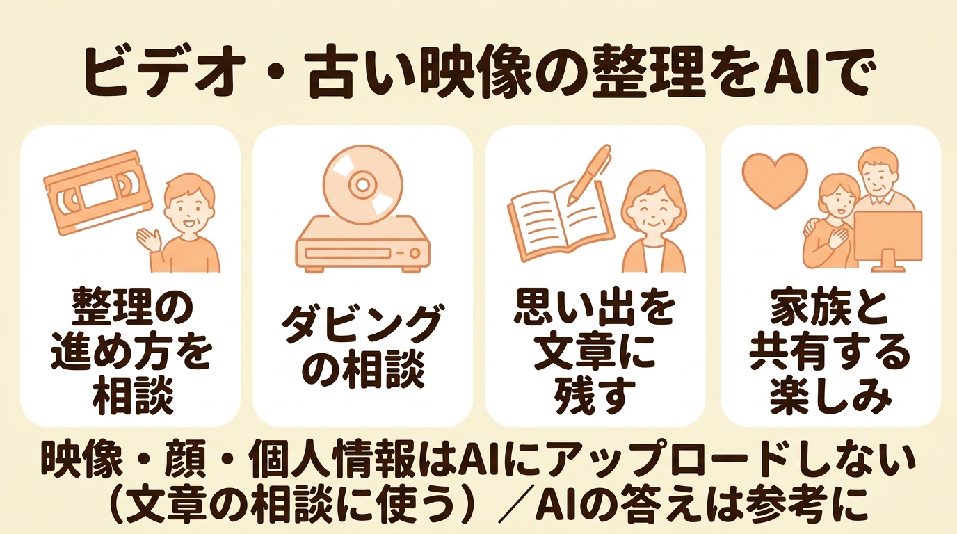 ビデオ・古い映像の整理をAIで進める4つのお手伝い。①整理の進め方を相談 ②ダビングの相談 ③思い出を文章に残す ④家族と共有する楽しみ。映像・顔・個人情報はAIにアップロードしない(文章の相談に使う)、AIの答えは参考に。