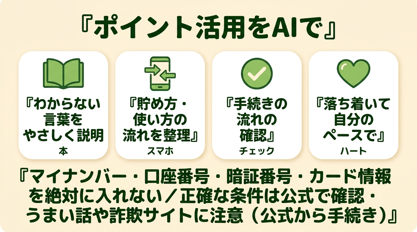 ポイント活用をAIで進める4つのお手伝い。①わからない言葉をやさしく説明 ②貯め方・使い方の流れを整理 ③手続きの流れの確認 ④落ち着いて自分のペースで。マイナンバー・口座番号・暗証番号・カード情報を絶対に入れない、正確な条件は公式で確認・うまい話や詐欺サイトに注意(公式から手続き)。