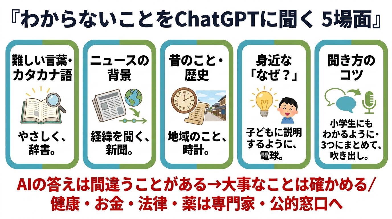 わからないことをChatGPTに聞く5場面。①難しい言葉・カタカナ語(やさしく)②ニュースの背景(経緯を聞く)③昔のこと・歴史・地域のこと ④身近な「なぜ?」(子どもに説明するように)⑤聞き方のコツ(小学生にもわかるように・3つにまとめて)。AIの答えは間違うことがある→大事なことは確かめる、健康・お金・法律・薬は専門家・公的窓口へ。