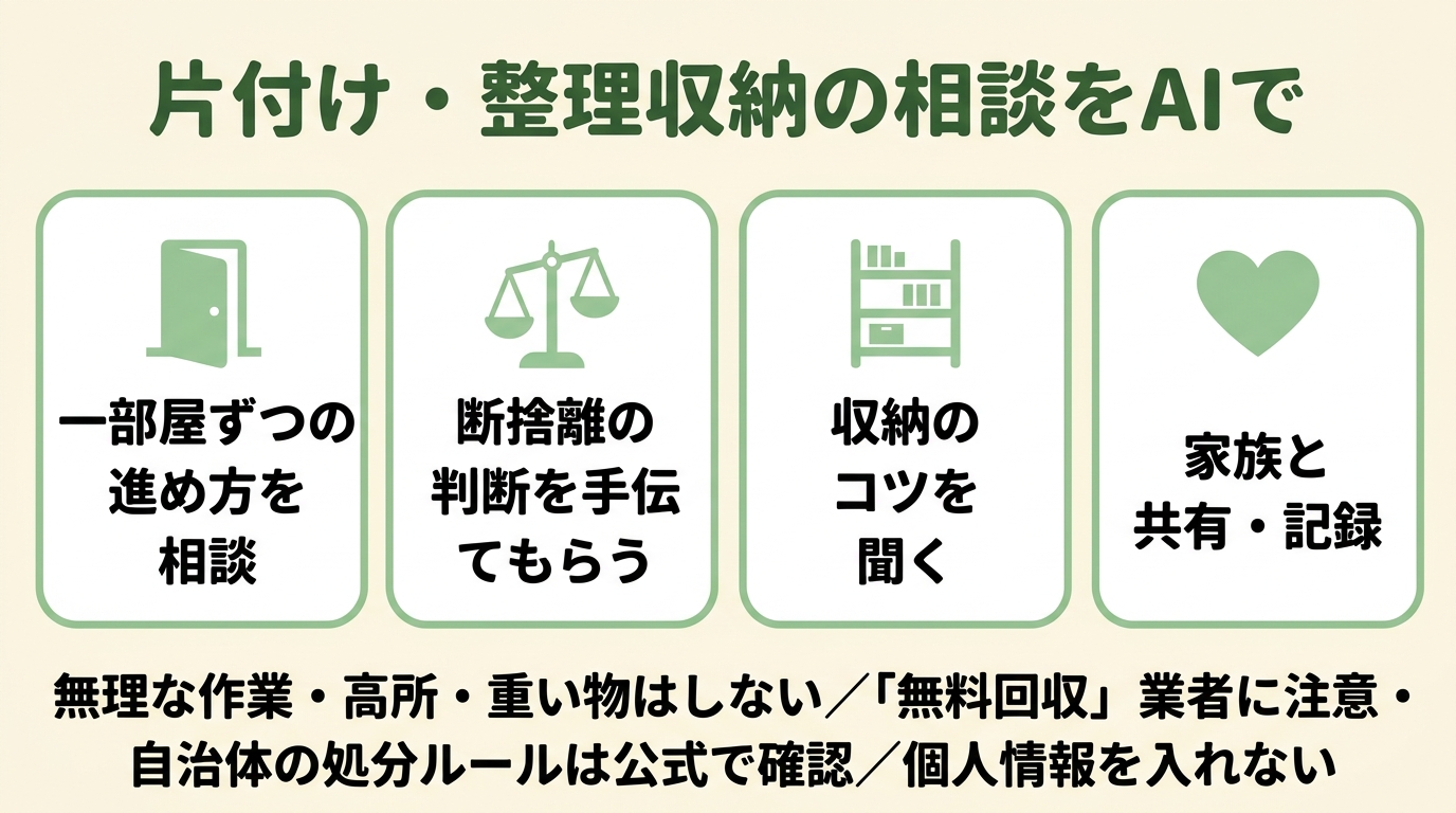 片付け・整理収納の相談をAIで進める4つのお手伝い。①一部屋ずつの進め方を相談 ②断捨離の判断を手伝ってもらう ③収納のコツを聞く ④家族と共有・記録。無理な作業・高所・重い物はしない、「無料回収」業者に注意、自治体の処分ルールは公式で確認。