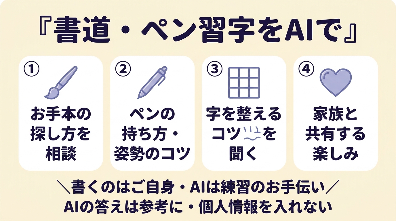書道・ペン習字をAIで楽しむ4つのお手伝い。①お手本の探し方を相談 ②ペンの持ち方・姿勢のコツ ③字を整えるコツを聞く ④家族と共有する楽しみ。書くのはご自身・AIは練習のお手伝い、AIの答えは参考に・個人情報を入れない。