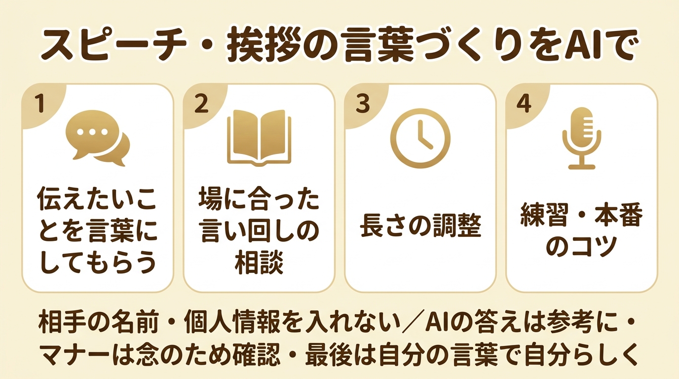 スピーチ・挨拶の言葉づくりをAIで進める4つのお手伝い。①伝えたいことを言葉にしてもらう ②場に合った言い回しの相談 ③長さの調整 ④練習・本番のコツ。相手の名前・個人情報を入れない、AIの答えは参考に・マナーは念のため確認・最後は自分の言葉で自分らしく。