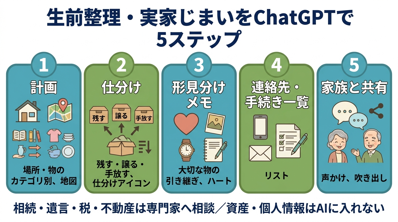 生前整理・実家じまいをChatGPTで進める5ステップ。①計画(場所・物のカテゴリ別)②仕分け(残す・譲る・手放す)③形見分けメモ(大切な物の引き継ぎ)④連絡先・手続き一覧 ⑤家族と共有(声かけ)。相続・遺言・税・不動産は専門家へ相談、資産・個人情報はAIに入れない。