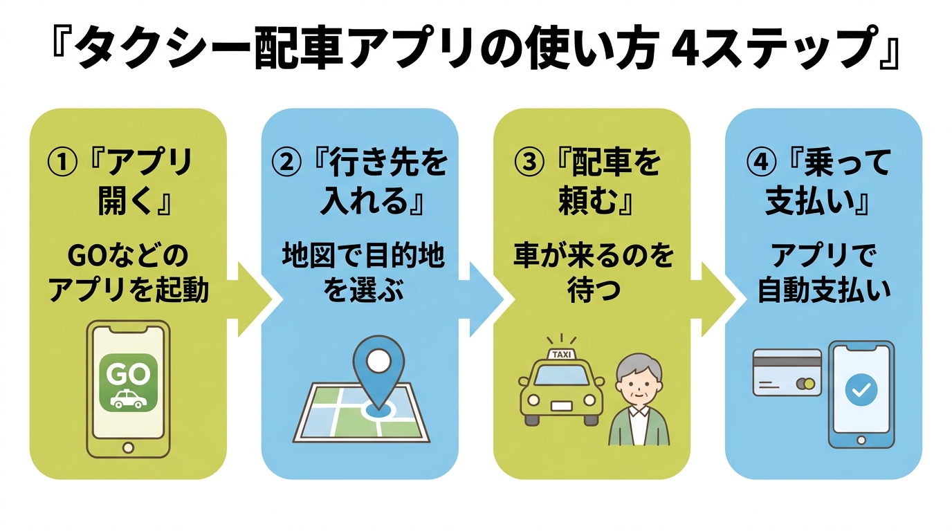 タクシー配車アプリの使い方4ステップ(アプリを開く→行き先を入れる→配車を頼む→乗って自動支払い)。