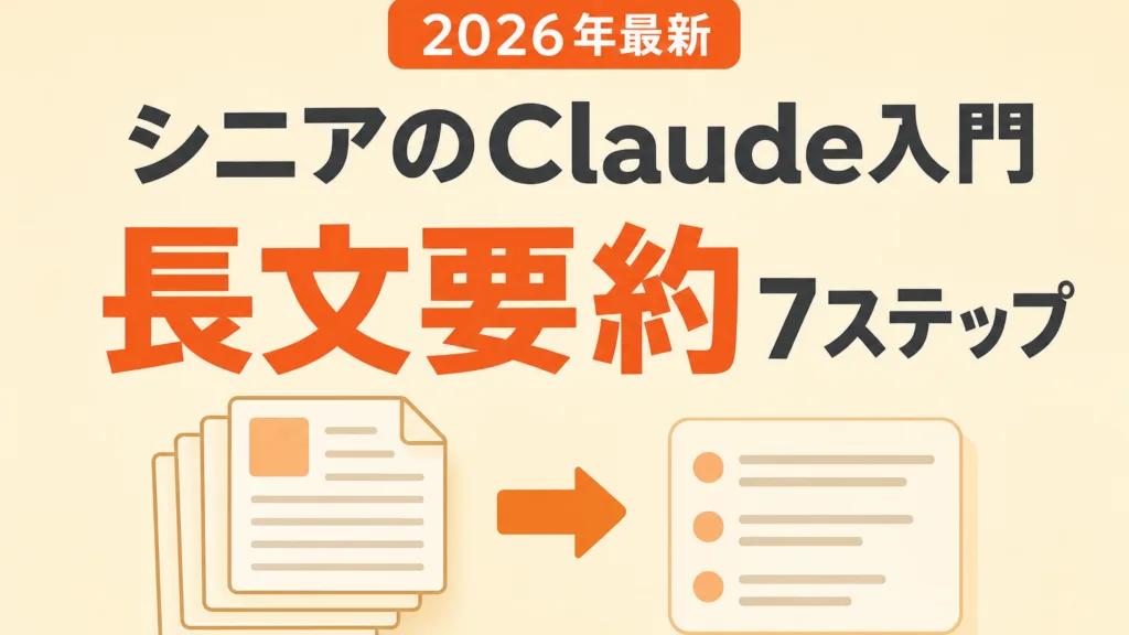 シニアのClaude入門 長文要約7ステップを示すクリーム色の図解