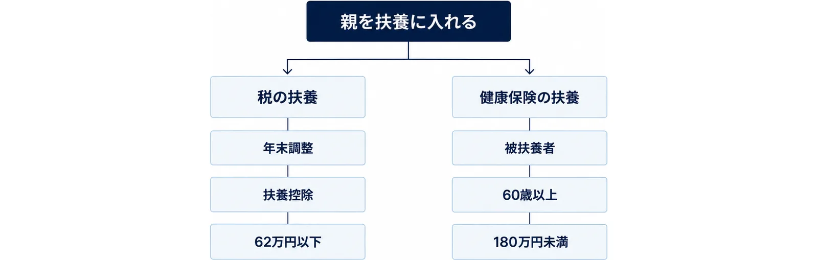 親を扶養に入れるには、年末調整で扶養控除を受ける税の扶養と、会社の健康保険の被扶養者になる健康保険の扶養の2つがあり、税の扶養は所得が62万円以下、健康保険の扶養は60歳以上なら年間収入180万円未満が条件の1つであることを、左右2つの枝で示した図